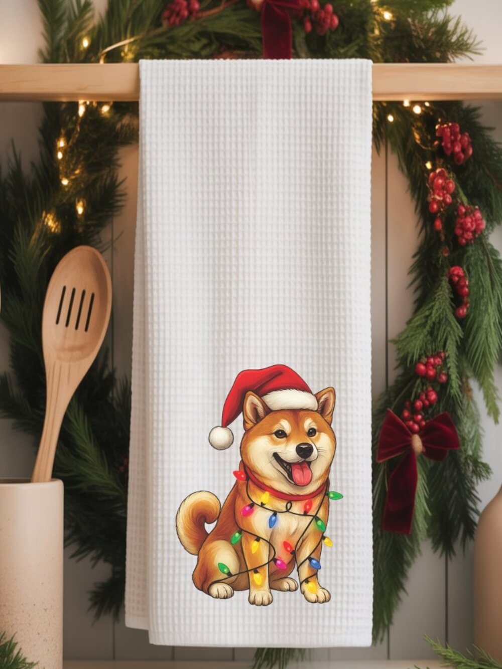 Shiba Inu Christmas Lights Decorative Kitchen Tea Towel